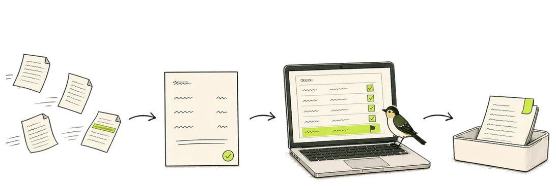 Hand drawn: the job notes, your rate card and the client terms arrive as files and become a quote draft, ticked once accepted. The quote leads to the invoice draft on a laptop, where the Rulefinch finch ticks each line and one line is flagged for follow up. The draft waits in a tray for your team.
