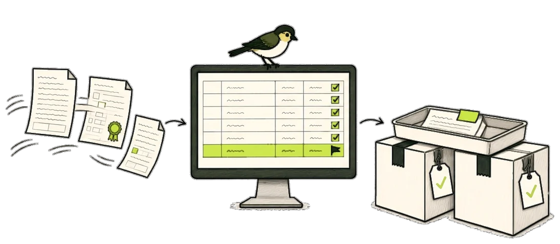 Hand drawn: the accepted quote, the purchase order and the customer agreement arrive as files on a screen. The Rulefinch finch ticks each line of the sales order, and one line is flagged for follow up. The order waits in a tray on ticked cartons for your team to send.